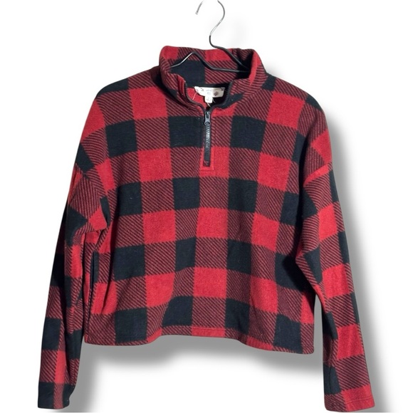 Hippie Rose Red/Black Flannel Checkered Quarter Zip Long Sleeve Cropped Fleece - Picture 11 of 15